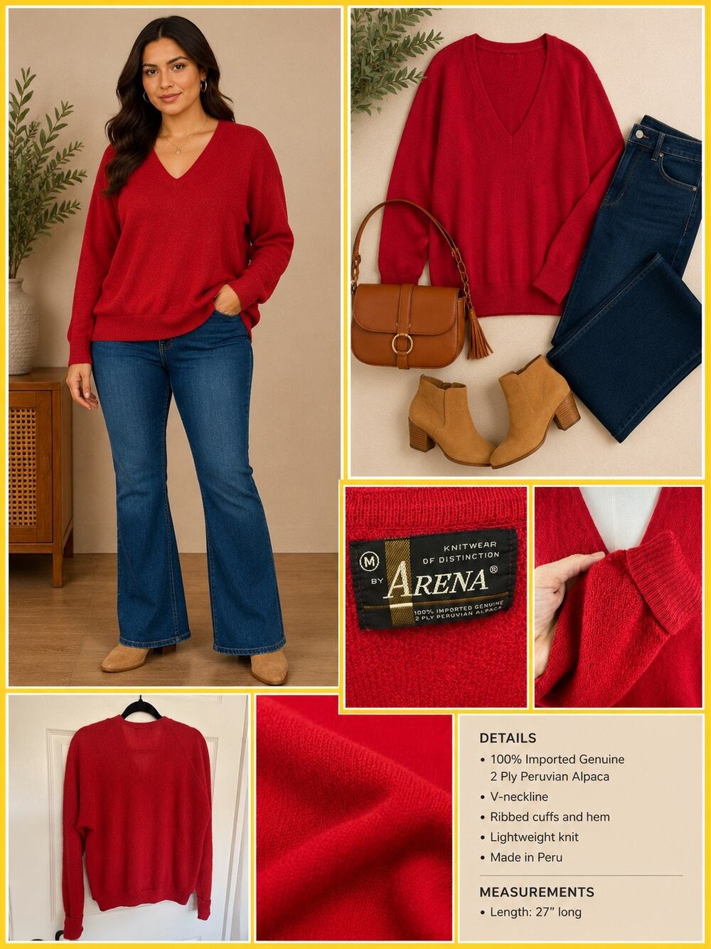 Arena Pullover Vneck Sweater Womens Medium Peruvian Alpaca Long Sleeve Red Fall